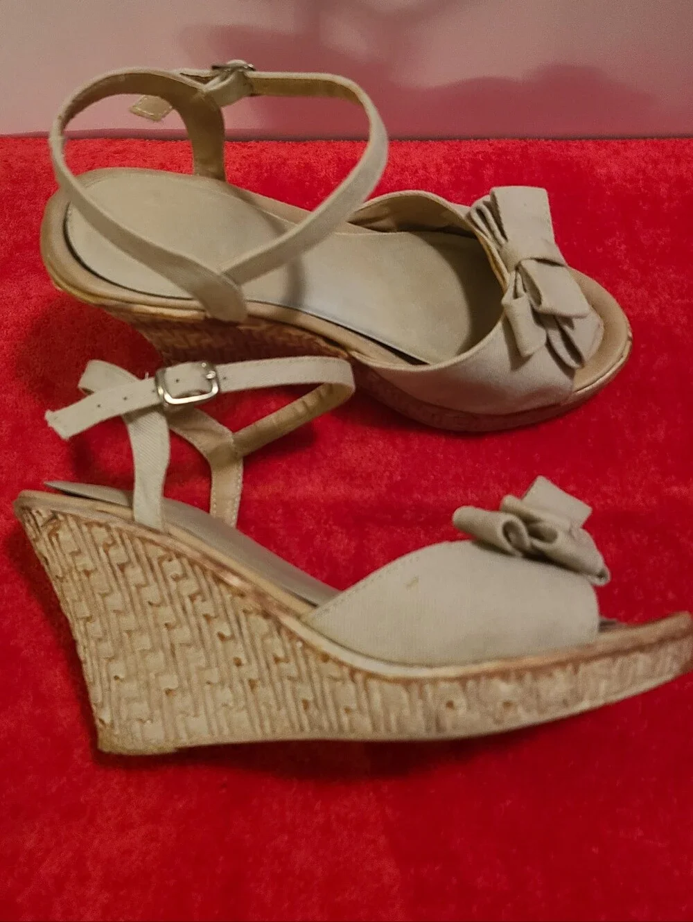 Made in Mexico, khakhi canvas sandals with bows and carved wedge, 6